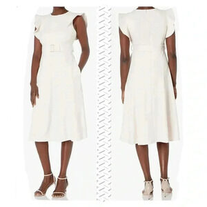 Calvin Klein Women's Flutter Sleeved A-line Dress with Self-Fabric Belt Size 10